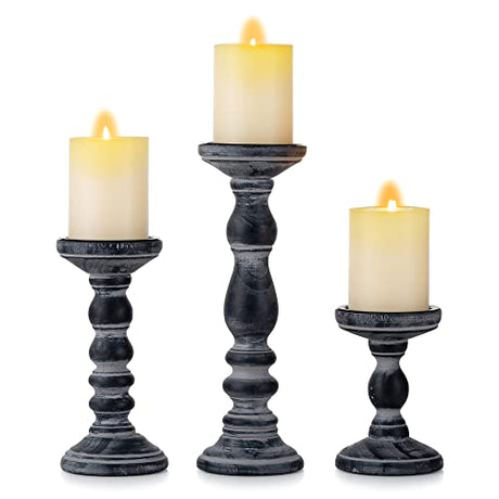 Wooden Candle Holders for Pillar Candles - Tall Rustic Candle Holder (Set of 3), Large Farmhouse Candle Holders Candle Stand, Pillar Candle Holder Set for Table Centerpiece, Fireplace, Home, Black Inweder