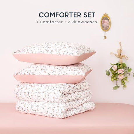 Wake In Cloud - Floral Comforter Set, Coquette Cottagecore Aesthetic Cute Flower Pattern for Women Teen Girls, Soft Lightweight Dorm Bedding, 3 Piece, Pink, Twin/Twin XL Size Wake In Cloud