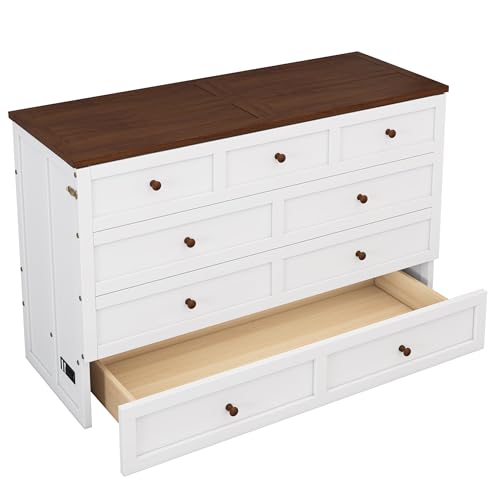 Ball & Cast Murphy Bed Full Size,Solid Pine Cabinet Bed with USB Port and Large Storage Drawer,Space-Saving Folding Wall Bed Frame,Hidden Platform Bed for Bedroom,Guest Room,Home,Office,White+Walnu Ball & Cast