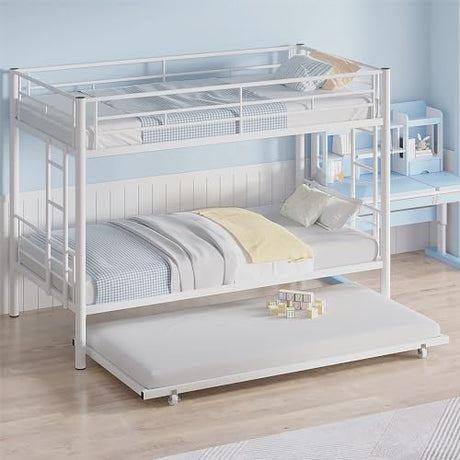 VECELO Bunk Bed Twin Over Twin with Trundle, Metal Bunkbeds with Ladder and Full-Length Guardrail, No Box Spring Needed, Space Saving, Noise Free, White VECELO