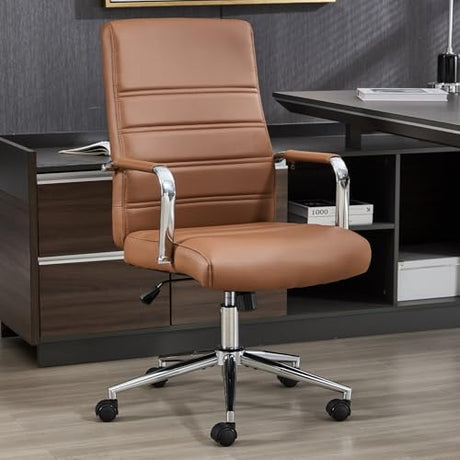 Office Desk Chair Leather, Conference Room Chairs with Wheels, Modern Executive Office Chairs Adjustable Height, Ergonomic Swivel Rolling Ribbed Computer Chair(Brown) Awtuku