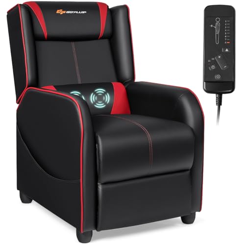 Goplus Massage Gaming Recliner Chair, Racing Style PU Leather Single Recliner Sofa with Footrest, Adjustable Modern Living Room Recliners, Ergonomic Home Theater Recliner Seat (Red)