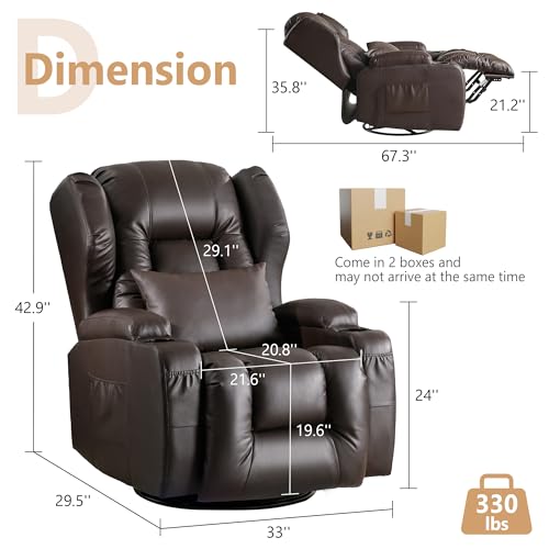 DRMBOOK Dual Motor Power Swivel Rocker Recliner Chairs, Electric Wall Hugger Reclining Sofa with Massage & Heat, Comfy Theater Seating with LED Light/USB/Type-C Ports (Leather Brown, Single Chair)