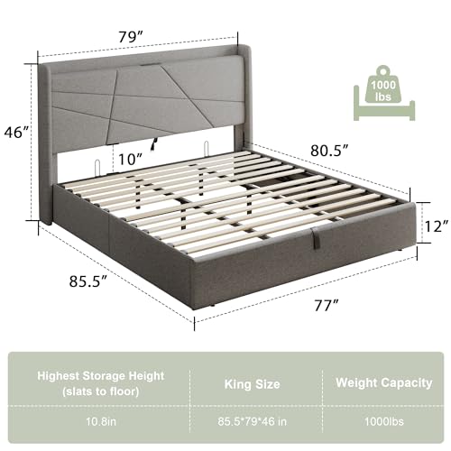 Feonase King Lift-Up Storage Bed Frame with Charging Station and Wingback Design in Light Gray - WoodArtSupply