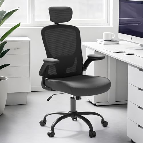 TLLMOON Ergonomic Office Chair - Adjustable Lumbar Support and Headrest, High Back Desk Chair with Flip-Up Arms for Home Office, 90-120° Tilt & Swivel Rolling Task Chair (Black) TLLMOON