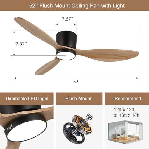 reiga 52" Natural Wood Ceiling Fan with Light and Remote, 3 Blade Flush Mount Low Profile Ceiling Fan for Bedrooom Living Room, Quiet DC Motor reiga