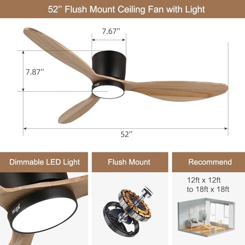 reiga 52" Natural Wood Ceiling Fan with Light and Remote, 3 Blade Flush Mount Low Profile Ceiling Fan for Bedrooom Living Room, Quiet DC Motor - WoodArtSupply