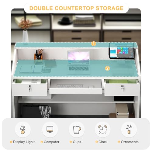 Walisk Modern Reception Desk with Lockable Drawer and Open Shelves, Rectangular, White and Walnut, 60x38x92cm, Office, Working WoodArtSupply