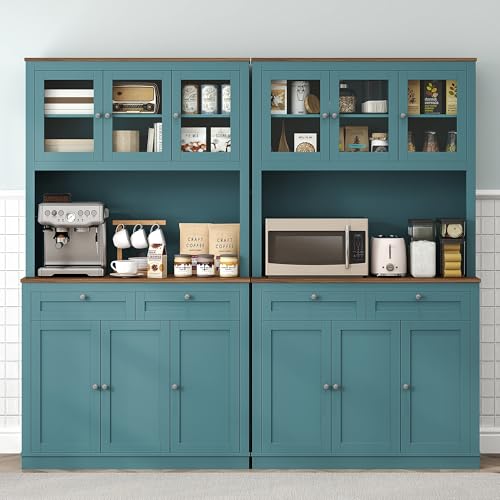 HOMCOM 71" Kitchen Pantry Cabinet, Freestanding Kitchen Hutch with Microwave Stand, 2 Drawers and Adjustable Shelves, Bar Cabinet with Glass and Recessed Doors for Dining Room, Green HOMCOM