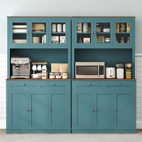 HOMCOM 71" Kitchen Pantry Cabinet, Freestanding Kitchen Hutch with Microwave Stand, 2 Drawers and Adjustable Shelves, Bar Cabinet with Glass and Recessed Doors for Dining Room, Green HOMCOM