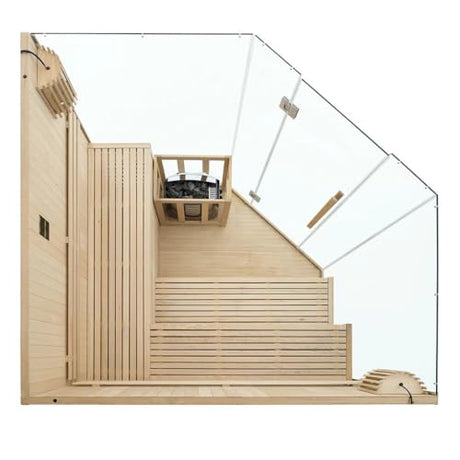 Customize Indoor Steam Sauna, 4-8 Person, Pentagon Design with Electric Sauna Heater, Canadian Hemlock/Red Cedar, WiFi Control Option, Double Level Bench, 8 mm Tempered Glass, 7-Color Lights, 220V ZONEMEL