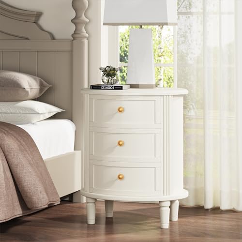 LITTLE TREE No Assembly Nightstand with 3 Drawers, Farmhouse Off-White Bedside Table for Bedroom, All Wooden Oval Nightstand with Storage LITTLE TREE