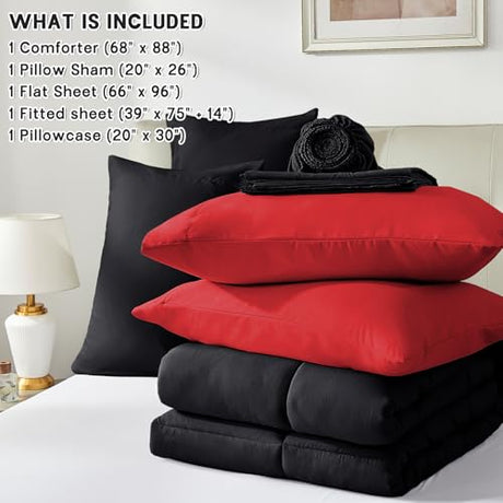 Anluoer Twin Comforter Set 5 Pieces, Black Bed in a Bag Bedding Set with 1 Comforter(68"*88"), 1 Pillow Sham, 1 Pillowcase, 1 Flat Sheet, 1 Fitted Sheet(39"*75") Anluoer