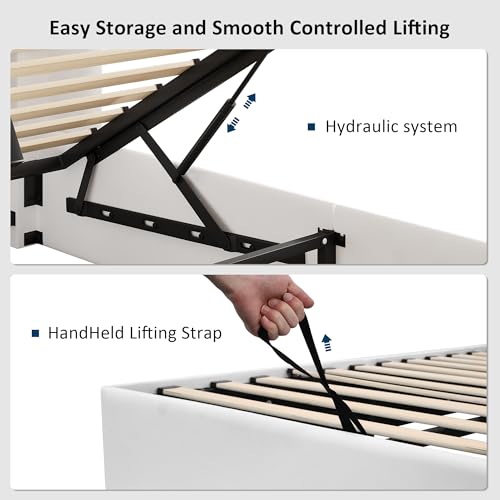 GalnFu Full Size Lift Up Storage Bed, Upholstered Velvet Platform Bed Frame with Wingback Headboard, Hydraulic System, Solid Wooden Slats Support, No Box Spring Needed, Easy Assembly, White GalnFu