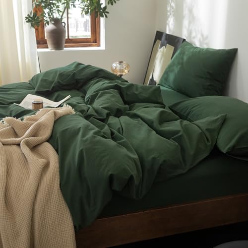 FOSSA Duvet Cove Set 100% Washed Cotton Linen Feel Super Soft Breathable Cozy 3 Pieces Bedding Sets Solid Forest Green Twin FOSSA