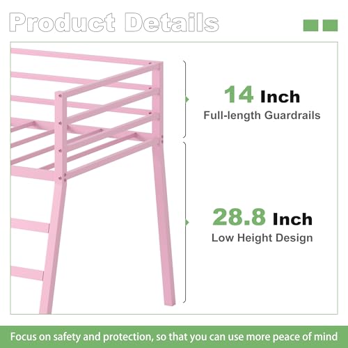 Lutown-Teen 43 inch High Metal Twin XL Loft Bed with Stairs and Guardrail for Juniors, Space Saving Loft Bed for Small Bedroom, Pink Lutown-Teen