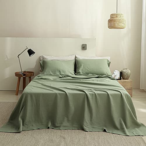 Simple&Opulence French Linen Flat Sheet,100% Natural Flax Bedding Sheet with Stone Washed King Size(108''x102'') Ultra Soft Breathable-1 Piece Flat Top Sheet Only Basic Style, Sage Green Simple&Opulence