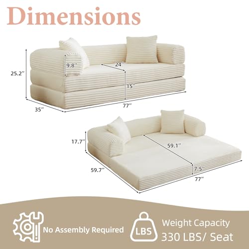 78 Inch Convertible Futon Sofa Bed,Folding Boneless Couch with Sleeper Sofa,Fold Out Floor Sofa Couch with Deep Seat,Cloud Corduroy Foldable Mattress Couches for Living Room(Off White) ZKJOLMN