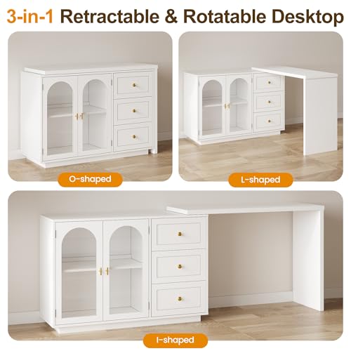 RoyalCraft 83” Large Makeup Vanity Desk, White Corner Vanity Table with 3 Drawer & 2 Door, Modern Extendable Dressing Table, Vanity Dresser Combo for Bedroom, Dressing Room (Without Mirror) RoyalCraft