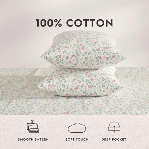 Laura Ashley - Full Sheet Set, Super Soft Cotton Percale Bedding Set with Matching Shams, Oeko-Tex Certified (Bonnie Pink, Full) Laura Ashley