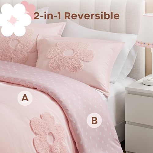 Intelligent Design Kids Queen Duvet Cover Set for Girls, Tufted Chenille Floral Duvet Set Queen, Lightweight Polka Dot Duvet Reversible Bedding Cover, Sham, Pillow, Gracie, Full/Queen Pink 3 Piece Intelligent Design