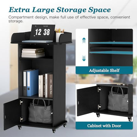 Qriocioa Podium Stand with Metal Wheels Wooden Lectern Podium Stand Portable Pulpit Standing with Storage Mobile Reception Podiums Desk for Church Office School Conference Restaurant Meeting, Black Qriocioa