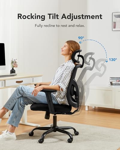 HUANUO Ergonomic Office Chair, High Back Mesh Gaming Chair for Big and Tall People with Lumbar Support, Adjustable Headrest and Armrest, Thick Cushion & Tilt Function Recliner for Home Office Black HUANUO