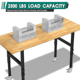 Adjustable Heavy Duty Workbench with Metal Wheels,Rubber Wood Top Working Table, 2500 LBS Load Capacity with for Workshop and Office,etc. DUSACOM