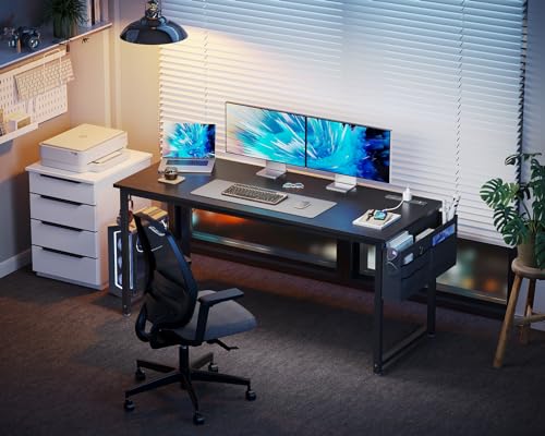 KKL Large Computer Desk with Power Outlets and USB Port Desk for Home Office Gaming Simple Modern Style Writing Desks with Storage Bag Headphone Hook, 55 inch, Black KKL