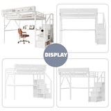 MoproBeti Queen Loft Bed with Desk and Stairs, Metal Lofts Bed Queen Size with Upper Storage Shelf, Gaming LoftBed with LED, Charging Station and Wardrobe for Teens, Adults,White MoproBeti