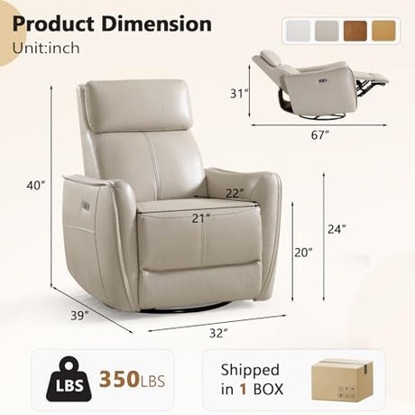 HAOMARKETS Electric Swivel Rocker Recliner Chair, Power Faux Leather Glider Rocking Recliners for Adults,360° Swivel Nursery Reclining Sofa with USB Charging Port, Beige HAOMARKETS