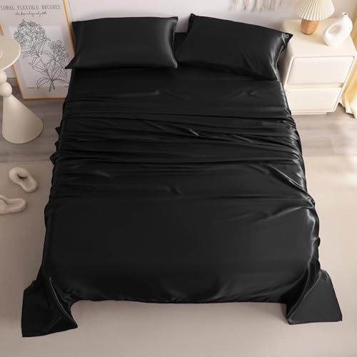 NTBAY Silk Satin Queen Sheet Set, 4-Piece Luxury and Soft Bedding Set Cooling Silky Sheets for Hair and Skin, Includes 2 Pillowcases, 1 Flat Sheet, 1 Fitted Sheet with Deep Pocket, Black NTBAY