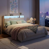 Forestell Queen Bed Frame with 4 Drawers and Storage Headboard, Upholstered Platform Bed Frame Queen Size with LED Lights and Charging Station, Metal Slats Support, No Box Spring Needed, Beige Forestell