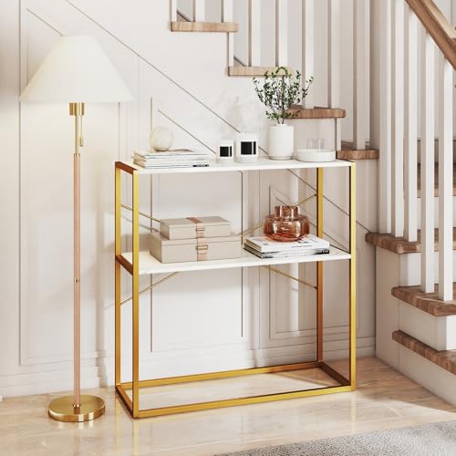 GOFLAME 2-Tier Entryway Table, 36” Console Table with Open Storage Shelf, Faux Marble Top & Metal Frame, Modern Narrow Long Behind Sofa Tables for Living Room, Hallway, Entry, White & Gold GOFLAME
