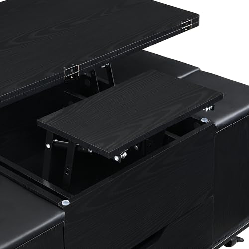 Christopher Knight Home Lucid Wooden Lift Top Coffee Table with Hidden Storage and 4 Stools, Center Table for Living Room with Compartment/Drawer, Multifunctional Table with Casters, Black Christopher Knight Home