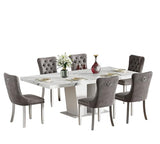Henf 7 Pieces Faux Marble Dining Table Set for 6, 63"-79" Extendable Dining Room Table and 6 Grey Tufted Chairs Set for 6, Modern Large Expandable Kitchen Table with White Double Columns Base Henf