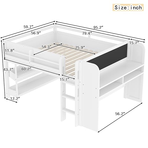 Bellemave Full Loft Bed with Storage Boxes and Bookshelves, Solid Wood Kids Loft Bed with Desk and Blackboard, Low Loft Beds Frame for Kids, Girls, Boys, Childlike Design, White Bellemave