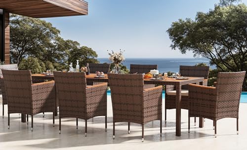 Devoko Outdoor Patio Dining Sets 9 Pieces Wicker Outdoor Dining Table and Chairs Set with Acacia Wood Table Top and Widened Armrests for Backyard, Garden, Deck (Brown)