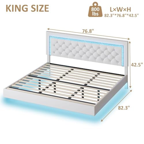 BarnFurin Floating Bed Frame with LED Lights, Upholstered Platform Bed with Diamond Tufted Headboard (White, King) BarnFurin