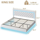 BarnFurin Floating Bed Frame with LED Lights, Upholstered Platform Bed with Diamond Tufted Headboard (White, King) BarnFurin