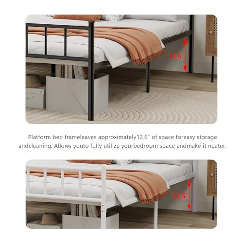 WJORATA Metal Platform Queen Bed Frame with Headboard Sturdy Steel Slats Support No Box Spring Needed Easy Assembly White WJORATA