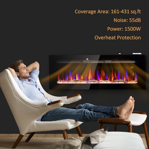 HOMCOM 50" Electric Fireplace Recessed and Wall Mounted with Remote Control, 1500W Fireplace Heater with 8H Timer, Adjustable Flame Color and Brightness, Log and Crystal HOMCOM