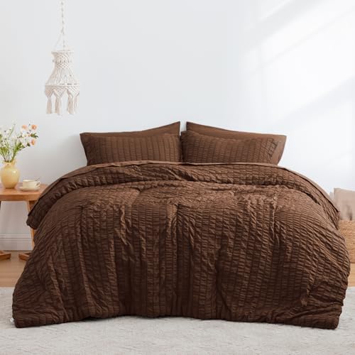 Love's cabin Seersucker Brown Full Comforter Set, 7-Piece All Season Lightweight Bed in a Bag Bedding Set with Comforter, Flat Sheet, Fitted Sheet, Pillowcases and Shams