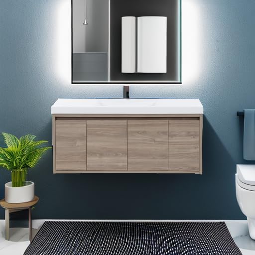 Spring Mill Cabinets Kelby 48 Inch Modern Floating Bathroom Vanity with White Single Sink Top, 2-Door Cabinet, 2 Soft-Close Drawers, 48.5" W x 18.75" D x 22.25" H, Forest Elm Spring Mill Cabinets