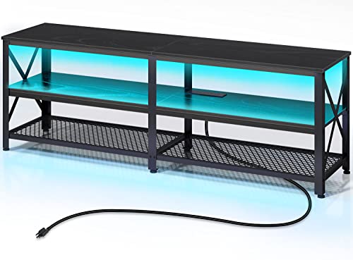 Rolanstar TV Stand for 65 70 inch TV with Power Outlets & Led Lights, Long 63" TV Media Console Table for 32-70 inch TVs with 3-Tier Storage, Entertainment Center for Living Room, Bedroom, Black