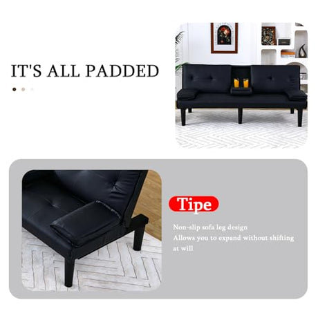 Convertible Sleeper Sofa Bed, Modern Leather Futon Couch Bed Twin Size, 67'' Recliner Reversible Loveseat Folding Couches Guest Bed for Small Spaces Living Room Office Dorm RV, 2 Cupholders (Black) Xinmviec