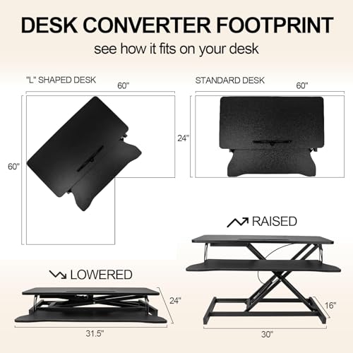 OUKMIC Standing Desk Converter 32” Height Adjustable Sit to Stand Up Desk Riser with Keyboard Tray for Home or Office, Dual Monitor and Computer Workstation Wide 2-Tier Desktop, Black OUKMIC