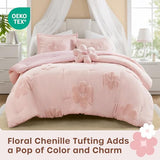 Intelligent Design Kids Queen Comforter Set for Girls, Tufted Chenille Floral Comforter Set Queen, Lightweight Polka Dot Comforter Reversible Bed Set, Sham, Pillow, Gracie, Full/Queen Pink 4 Piece Intelligent Design
