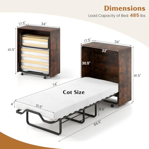 Giantex Murphy Bed Cabinet with Mattress Included, 74" x 31" Cot Size Fold Out Bed with Storage & Lockable Wheels, Metal Frame, 2 in 1 Roll Away Bed with Mattresses for Adults Guests Giantex