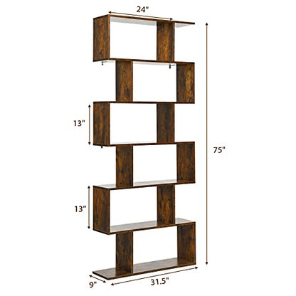 Tangkula 6-Tier S-Shaped Bookshelf - Stylish Rustic Brown Wooden Bookcase with Anti-Toppling Device